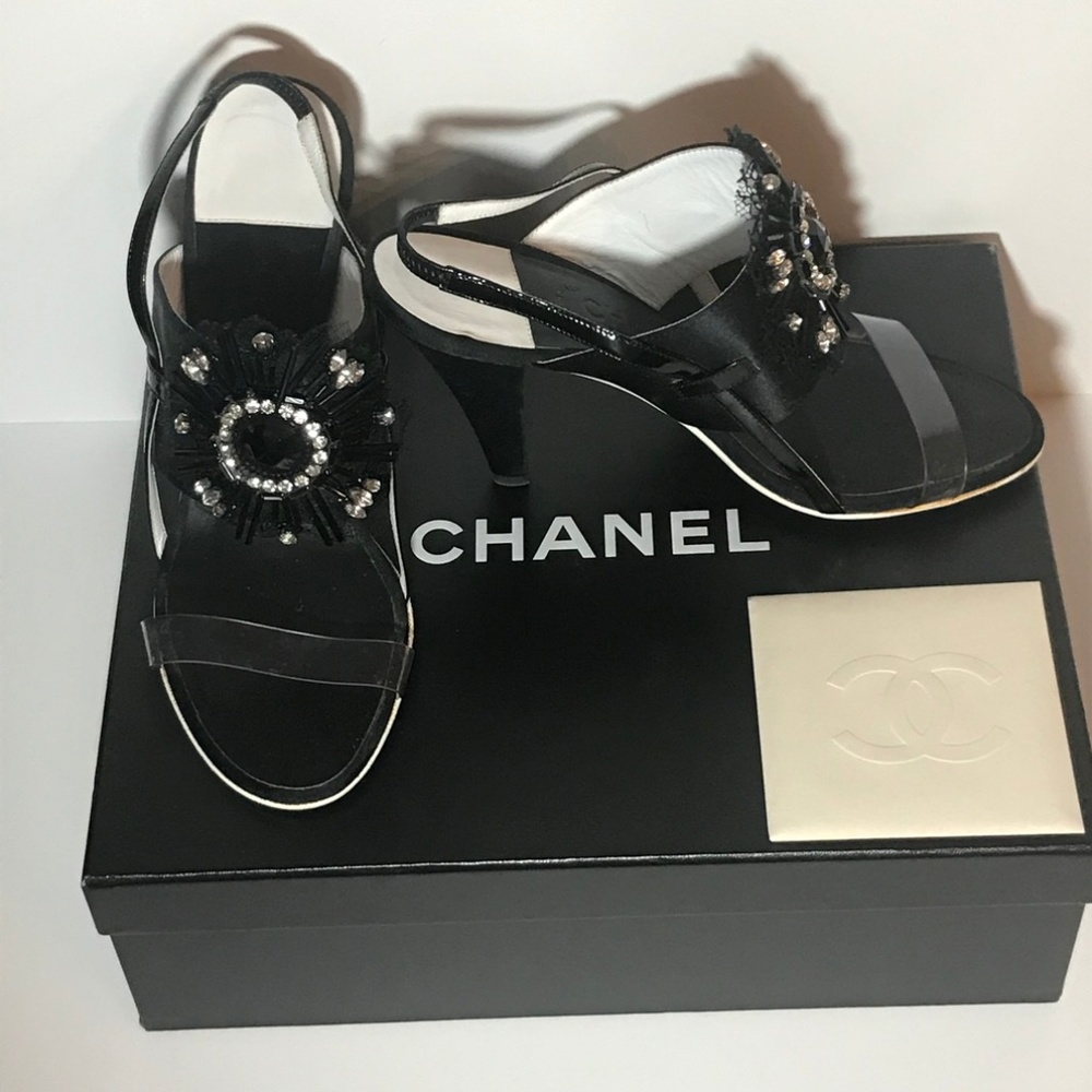CHANEL Satin and Rhinestone Heel Sandal